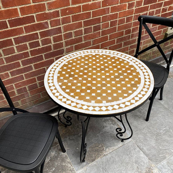 Picture of Gold and White Handmade Coffee Table For Outdoor & Indoor - Dining Round Mosaic Table | Handmade Mid Century Mosaic Table | Moroccan Tiles Crafted Coffee Table