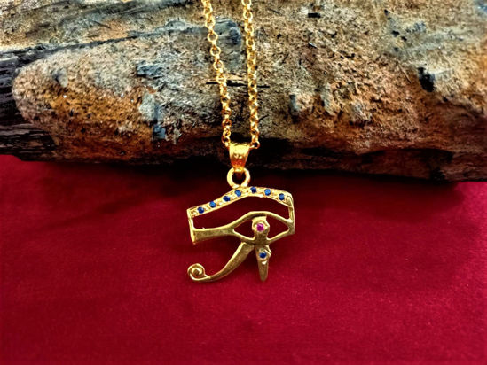 Picture of Pretty Sterling Silver Eye of Horus Necklace, 18K Gold Filled Egyptian Eye of Ra Charm Necklace, Gold Horus Eye Jewelry