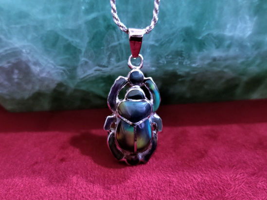 Picture of Interesting Dark Green Aurora Opal Scarab Necklace , Sterling Silver Scarab Pendant , Scarab Jewelry