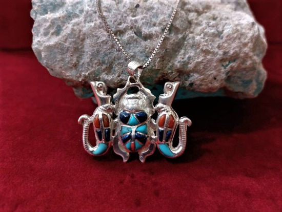 Picture of Egyptian Scarab Goddess Wadjet Necklace, Sterling Silver Scarab Pendant, Natural Stones Inlay Pendant , Silver Scarab Jewelry