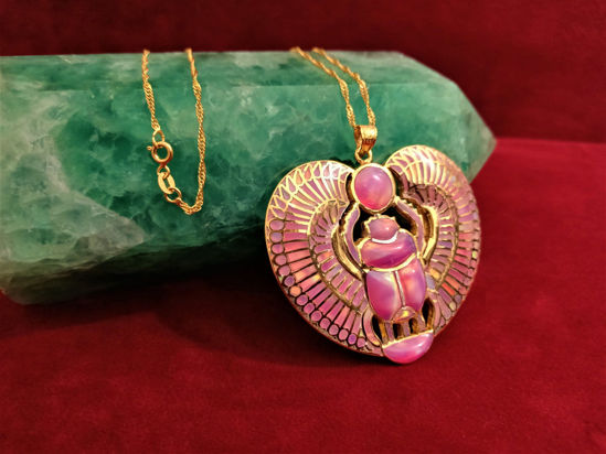 Picture of Gold Pink Aurora Opal Winged Scarab Necklace, 18k Gold Filled silver Scarab Pendant, Scarab Jewelry