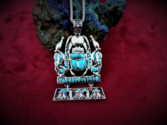 Picture of Unique Scarab Flanked By Goddess Wadjet Necklace, Sterling Silver Necklace, Scarab Jewelry