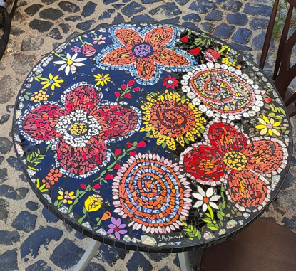 Picture of BOLD FLORAL Mosaic tabletop; Colorful Mosaic tabletop with flowers; Patio mosaic table; Garden mosaic table: kitchen table; Joyful table
