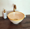 Picture of Mustard Mid Century Modern Bathroom Sink - Ceramic Washbasin - Mediterranean Boho Basin + Handcrafted Solid Brass Drain Cap & Soap Container