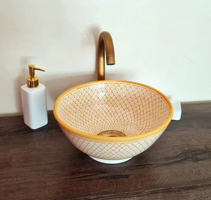 Picture of Mustard Mid Century Modern Bathroom Sink - Ceramic Washbasin - Mediterranean Boho Basin + Handcrafted Solid Brass Drain Cap & Soap Container