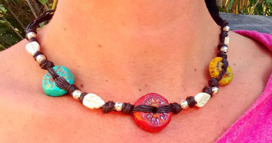 Picture of One of Kind Unique Handmade Ceramic Aztec Sacred Symbol Boho Adjustable Good vibes Necklace