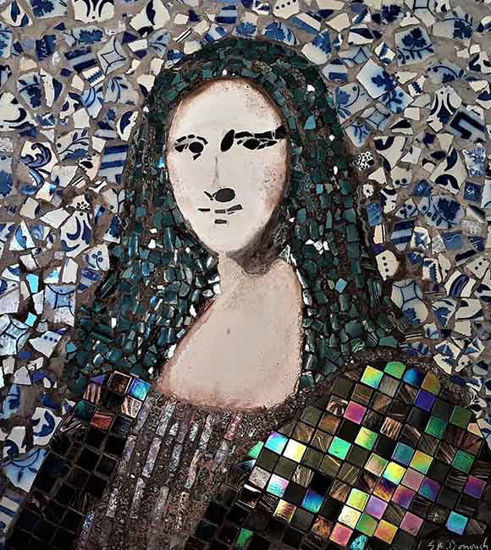 Picture of Mosaic MONA LISA wall hanging with antique Portuguese tile and iron frame