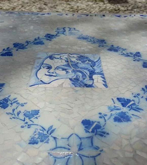 Picture of Portugal's ANGEL OF LUCK mosaic square table with blue and white antique Portuguese tile; Mosaic tile table with traditional antique tile