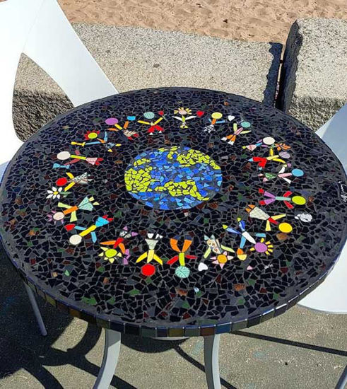 Picture of ONE LOVE mosaic tabletop; Earth day mosaic tabletop; Children and Love mosaic table; Patio mosaic table; Garden mosaic table; Terrace Table