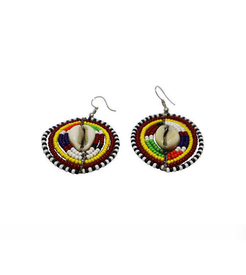 Picture of Handmade Maasai Multi colored Beaded Earrings with natural seashells