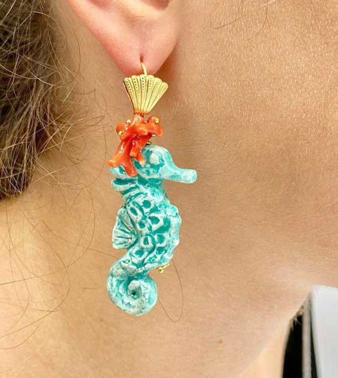 Picture of Handmade Ceramic Seahorse Earrings with Red Coral - Gold-Plated Brass