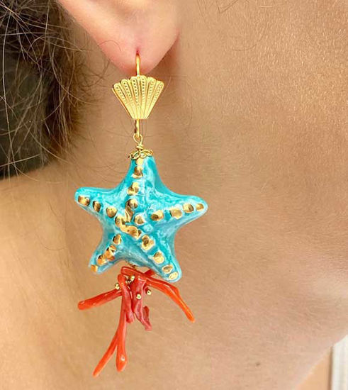 Picture of Blue Starfish Drop | Coral_Gold Plated Ceramic Earring