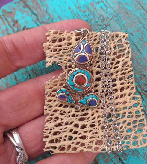 Picture of Turquoise Lapis Coral Silver White Brass Stainless Steel Waterproof Necklace, Tribal Necklace, Turquoise Lapis Necklace