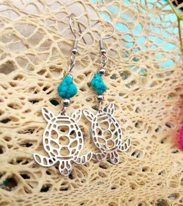 Picture of Artesanal Turtle/ Tortoise Turquoise Stanless Steel Never fade Earrings, Tribal Earrings,Native American Earrings, Totem animal earrings