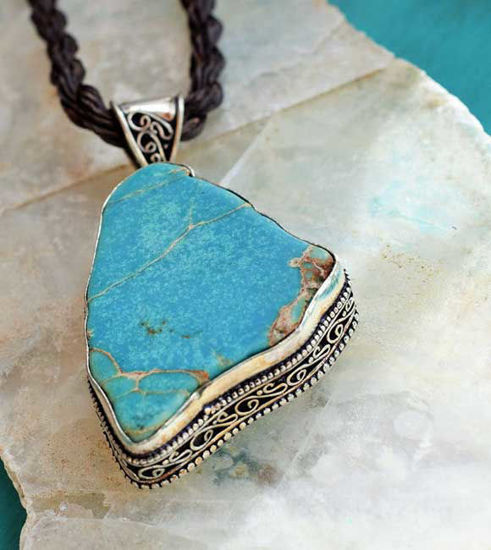 Picture of Light Blue Jasper Crystal Filigree Silver White Brass Pendant Handwoven Macrame Cord Tribal Shamanic Unisex Natural Necklace