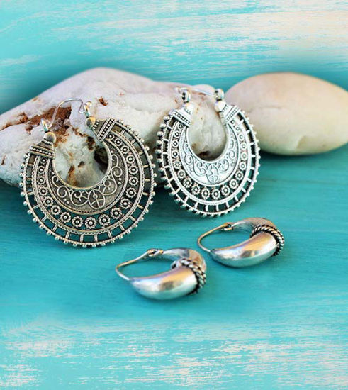 Picture of 2 PAIRS of Amazing Silver Tribal earrings ,inspired by ancient jhumka jewellery, spiral gypsy earrings, filigree earrings, boho jewellery