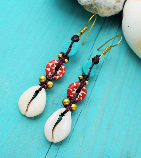 Picture of Tribal Vintage Rustic Glass, Cowrie Shell and Turquoise Amazing Design Solid Brass Beads Handmade Artesan Earrings