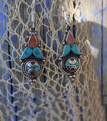 Picture of Tribal style Handmade White Brass Handmade Earrings Inspired by Tribal Jewellery Navajo Style Earrings Inlaid with Turquoise and Coral.