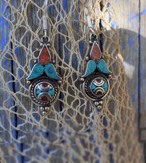 Picture of Tribal style Handmade White Brass Handmade Earrings Inspired by Tribal Jewellery Navajo Style Earrings Inlaid with Turquoise and Coral.