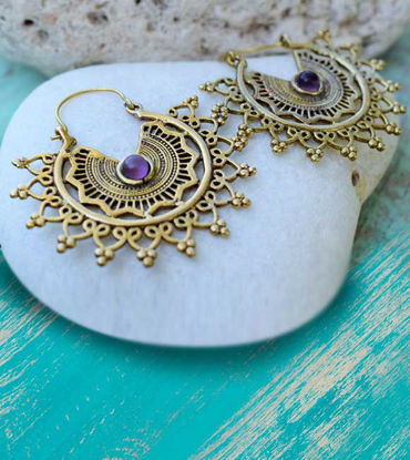 Picture of Handcrafted Creole Mandala Solid Brass and Amethyst Hoop Earrings