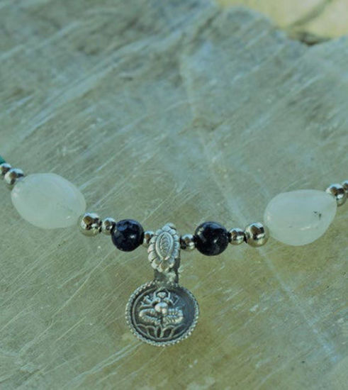 Picture of Real Solid Silver Sacred Vintage Pendant Green Turquoise Heishi Beads High Grade Healing Moonstone and Stainless Steel Round Beads Necklace