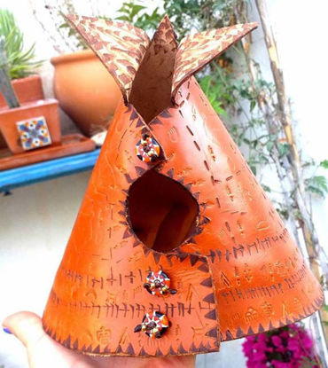 Picture of BIG teepee-Teepee Leather Handcrafted Incense Burner⇻ Native American Style Incense ⇻ Handcrafted One of kind Teepee Statue Incense Burner