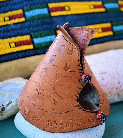 Picture of Teepee Leather Handcrafted Incense Burner⇻ Native American Style Incense Burner ⇻ Handcrafted One of kind Teepee Statue Incense Burner