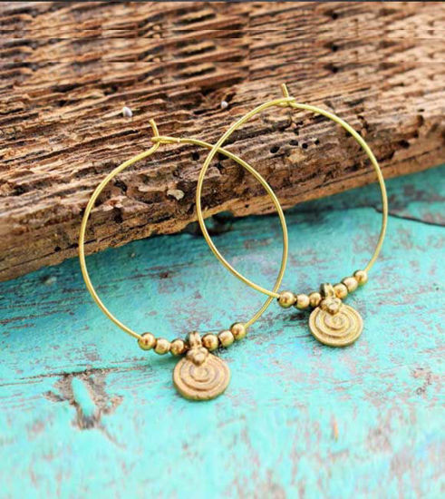 Picture of Pair of Gold Stainless Steel Elegant Hoop Vintage Earrings,Rare Spiral Charm Earrings, Elegant, Healing Earrings, Tribal Earrings, Wedding
