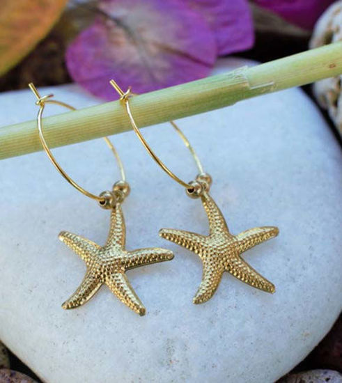 Picture of Pair of Gold Stainless Steel Elegant Hoop Starfish Earrings, Gold Starfish Earrings, Elegant Earrings, Mediterranean Earrings, Wedding