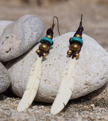 Picture of Natural Bone Hand Carving Tribal Festival Boho Primitive Art Turquoise Solid Brass Woven Natural Cord Earrings