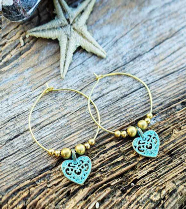 Picture of New Design-Pair of Solid Raw Brass Patina Heart Elegant Hoop Earrings, Healing Earrings, Tribal Earrings, Wedding earrings