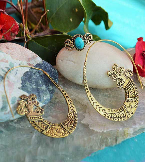 Picture of Set of Solid Brass Spiral Earrings and Solid Brass Turquoise Adjustable Ring, Ethnic Jewellery, Tribal Earrings