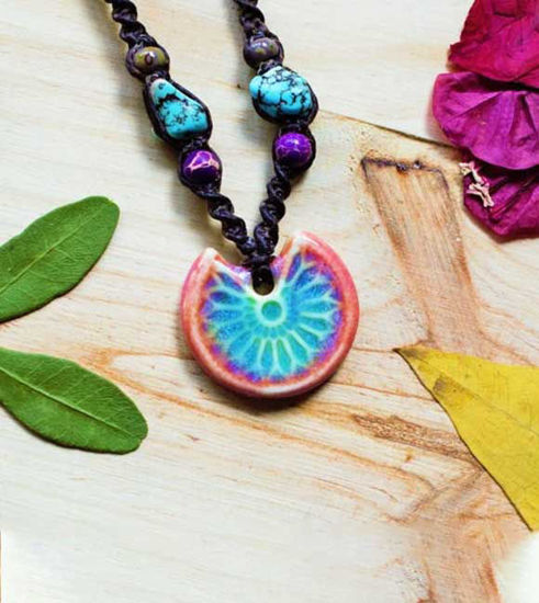 Picture of Macrame Turquoise, Purple Jasper, Ceramic Handmade Healing Necklace, Gently Calming Necklace, Adjustable Vibrant Colours Necklace