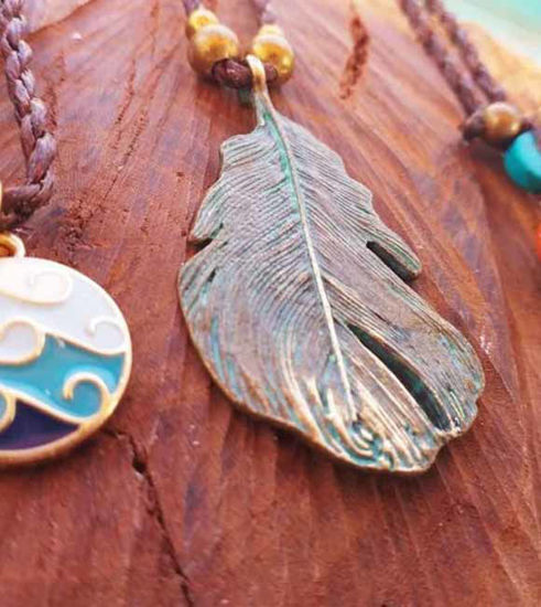 Picture of Set of three Handmade Solid Brass Antiallergic Waterproof Necklaces, Tribal necklaces,Vintage glass,Solid Brass feather,Turquoise and brass