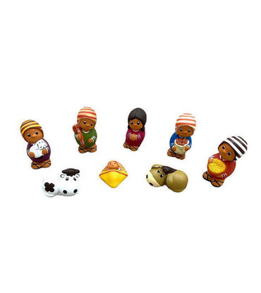 A collection of 8 handmade terracotta figurines depicting the Nativity scene, showcasing vibrant colors and intricate details.