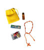 Yellow bag with a necklace, bracelet, and three bottles of handcrafted herbal essence for abundance and prosperity rituals.