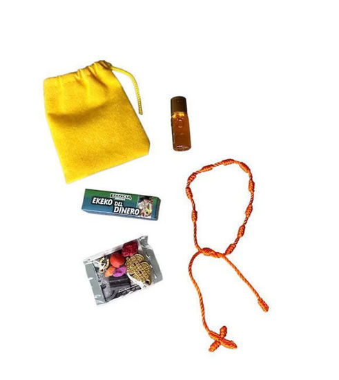 Yellow bag with a necklace, bracelet, and three bottles of handcrafted herbal essence for abundance and prosperity rituals.