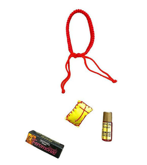 A red rope, a large bottle of perfume, and a small bottle of perfume from the Feromonas Spiritual Essential Oil Kit.