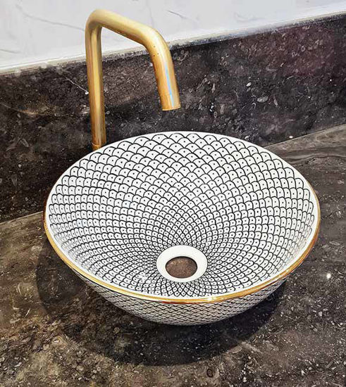 Picture of 14 Karat Gold & Ceramic 12" Bathroom Vessel - CUSTOMIZABLE 14k Gold Rim Bathroom Sink - Countertop Handmade Basin - Fish Scales Design