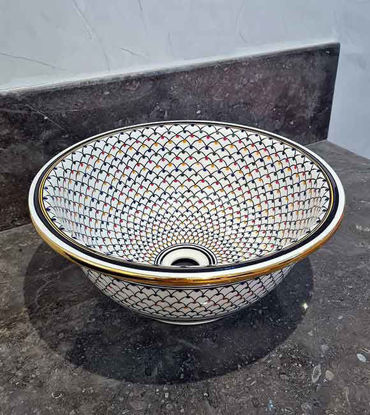 Picture of 14 Karat Gold & Ceramic Bathroom Vessel - CUSTOMIZABLE 14k Gold Rim Bathroom Sink - Countertop Handmade Basin - Fish Scales Design
