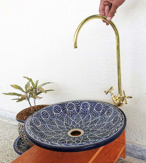Picture of Basin Ceramic Sink + Unlacquered Brass Faucet - CUSTOMIZABLE Vessel Ceramic Sink & Brass Faucet With Your measurements - Remodel Bathroom