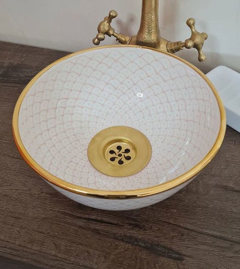 Picture of 14 Karat Gold & Rose Gold Washbasin Ceramic Bathroom Vessel - CUSTOMIZABLE 14k Gold Rim Bathroom Sink - Guest's Room Vanity Vessel Sink