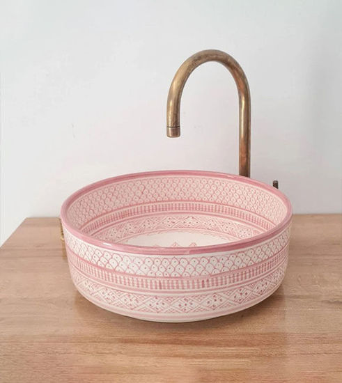 Picture of Bathroom Vessel Sink - Pink Bathroom WashBasin - Countertop Basin - Mid Century Modern Bowl Sink Lavatory - Solid Brass Drain Cap Gift