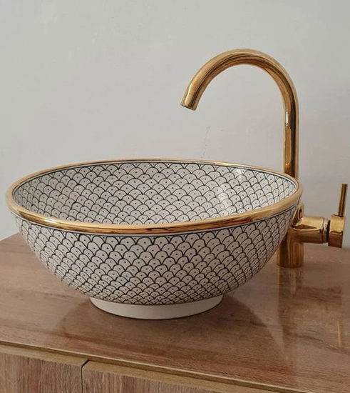 Picture of 14 Karat Gold & Fish Scales Washbasin Ceramic Bathroom Vessel - CUSTOMIZABLE 14k Gold Rim Bathroom Sink - Guest's Room Vanity Vessel Sink