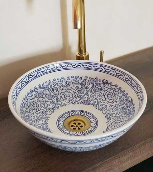 Picture of Blue & White Bathroom Wash Basin - Bathroom Vessel Sink - Countertop Basin - Mediterranean Bowl Sink Lavatory - Solid Brass Drain Cap Gift