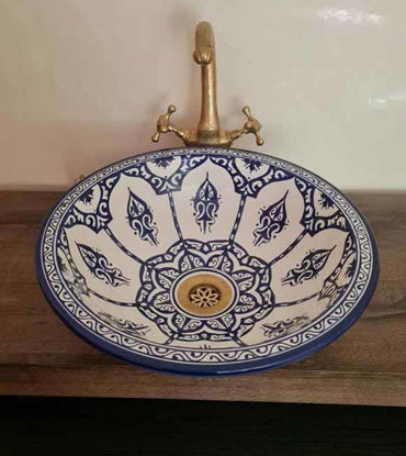 Picture of Blue & White Bathroom Wash Basin - Bathroom Vessel Sink - Countertop Basin - Mediterranean Bowl Sink Lavatory - Solid Brass Drain Cap Gift