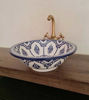 Picture of Blue & White Bathroom Wash Basin - Bathroom Vessel Sink - Countertop Basin - Mediterranean Bowl Sink Lavatory - Solid Brass Drain Cap Gift