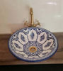 Picture of Blue & White Bathroom Wash Basin - Bathroom Vessel Sink - Countertop Basin - Mediterranean Bowl Sink Lavatory - Solid Brass Drain Cap Gift