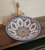 Picture of Blue & White Bathroom Wash Basin - Bathroom Vessel Sink - Countertop Basin - Mediterranean Bowl Sink Lavatory - Solid Brass Drain Cap Gift