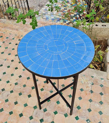 Picture of Custom Made Natural Blue Zellige Color Table - Mid Century Modern Table - Outdoor Patio Furniture - Outdoor Zellije Table - Farmhouse Table